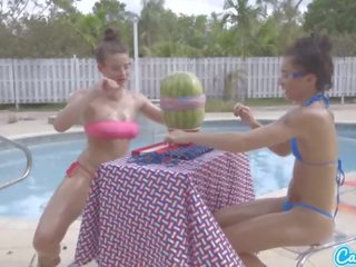 Camsoda teens with big ass and big tits launch a watermelon explode with rubber ba