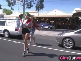 Two hard up lesbians enjoying dirty film on the street